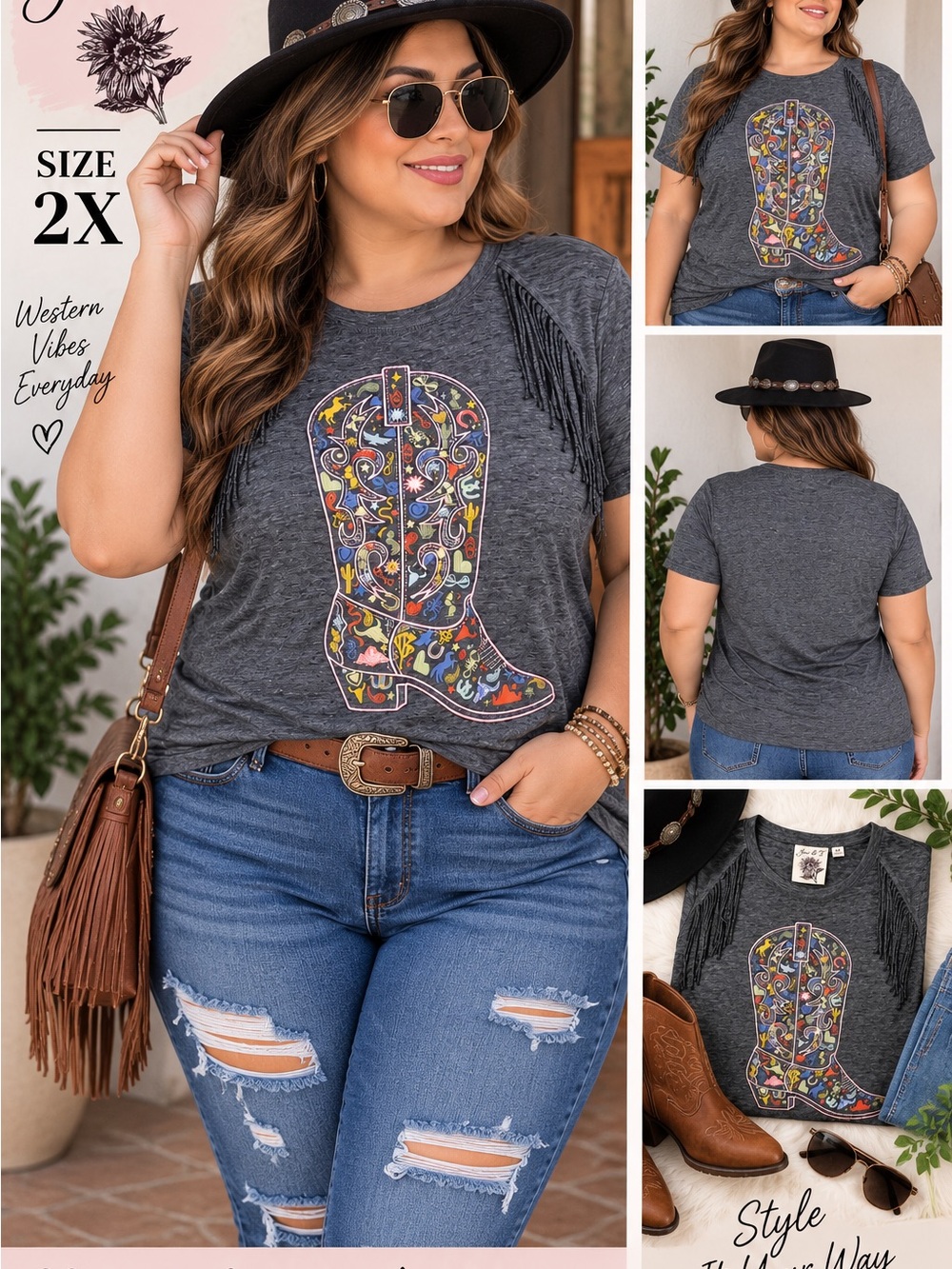 Plus Size Graphic Fringe Tunic Tee - Dark Gray Cowboy Boot